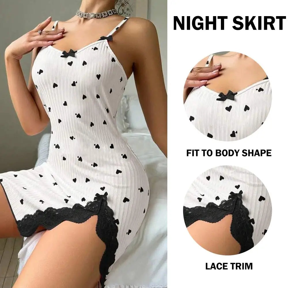 Women's Sexy Nightdress Night Gown Lace Trim Camisole Bow & Heart Print Sleeveless Sleep Dress Elegant Night Wear ﻿