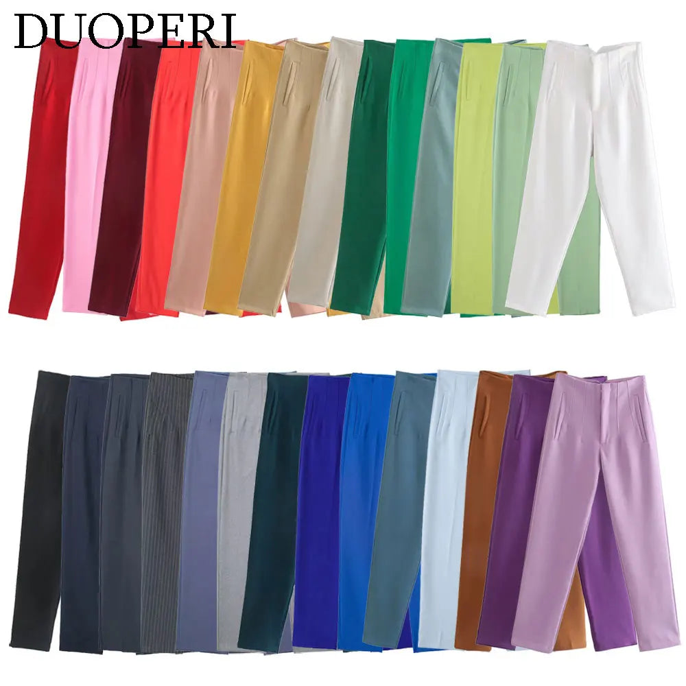 Duoperi Women High Waist Solid Trousers Chic Office Workwear Long Pants