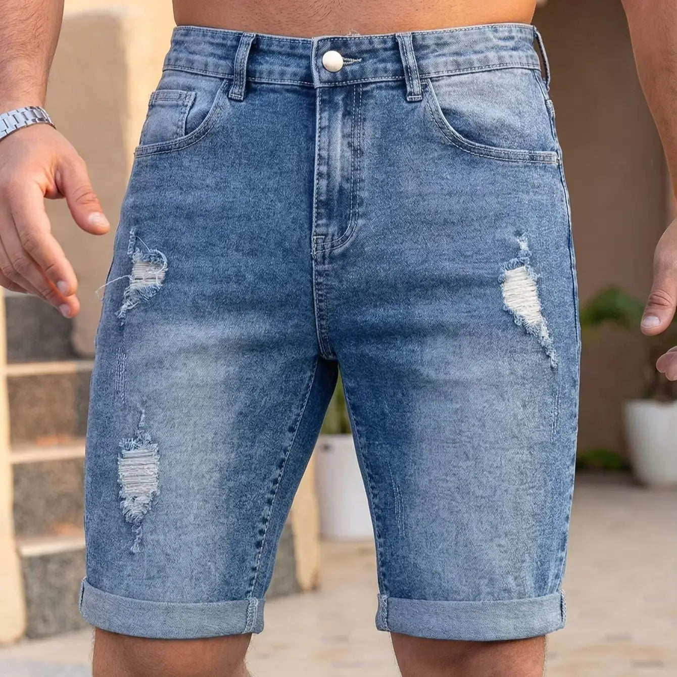 Men Pants Jeans Clothing Denim Trousers Shorts Men's Summer Medium Wash Ripped Distressed Denim Shorts Casual Streetwear Rolled