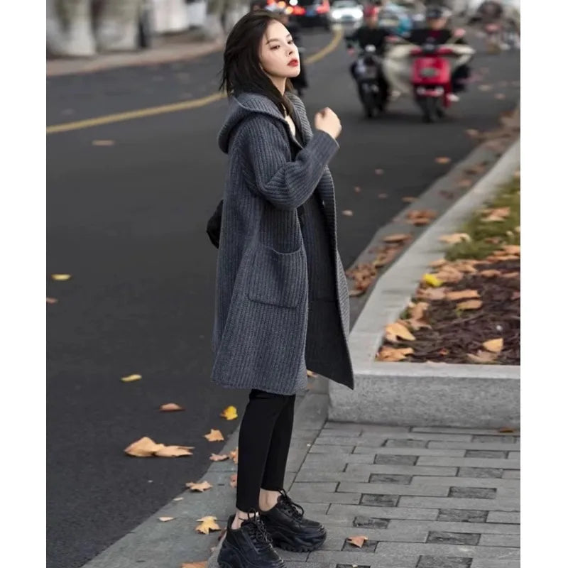 European hooded cardigan women's mid-length 100% cashmere sweater autumn and winter loose high-end lazy wind sweater coat