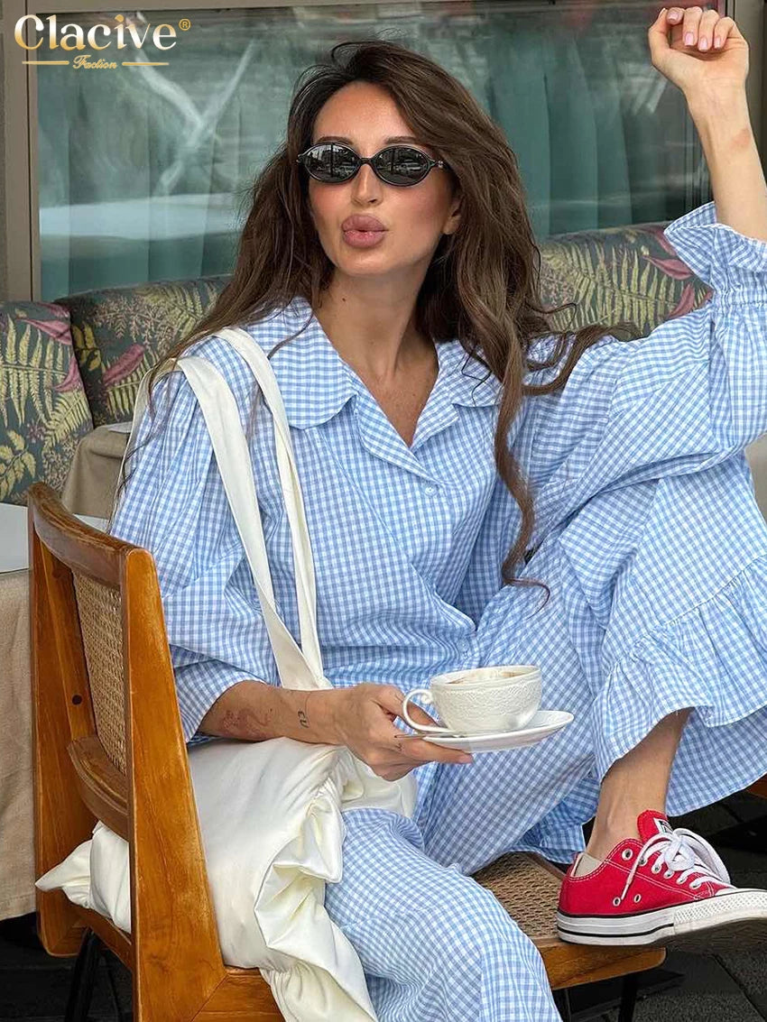 Clacive Fashion Loose Plaid Cotton Women's 3 Pieces Set 2025 Elegant Long Sleeve Shirt With High Wiast Wide Pants Set Female