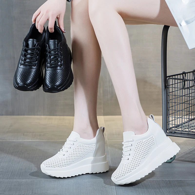 10cm Genuine Leather Women Vulcanize Women Summer Hidden High Heels Platform Wedge Spring Autumn Chunky Sneakers Shoes