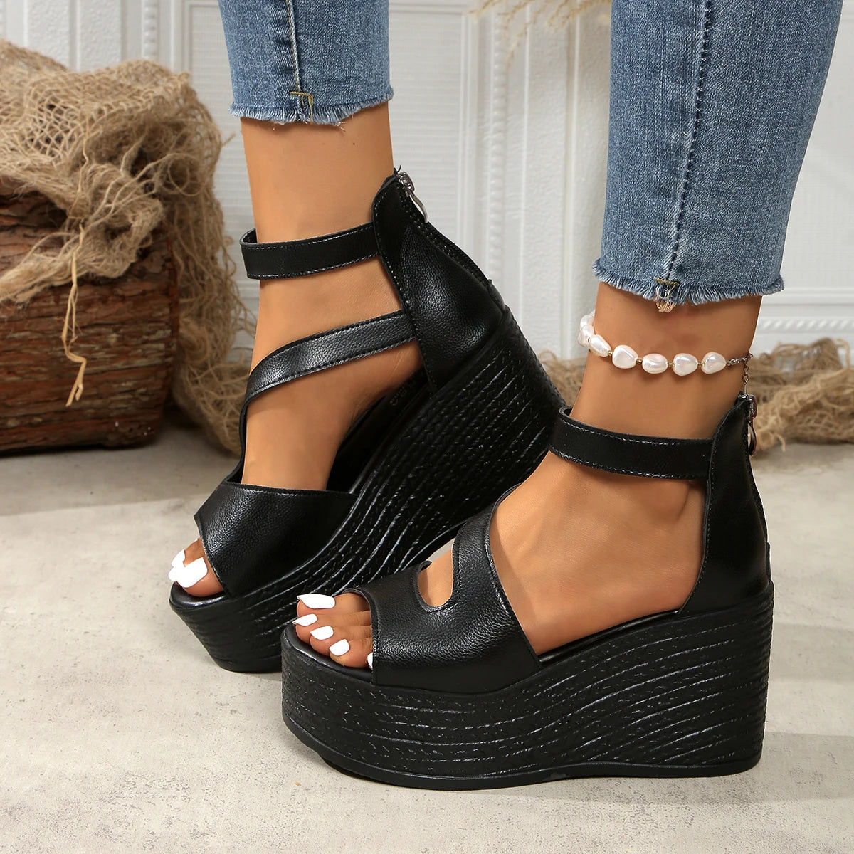 Women Wedges Sandals 2024 New Summer High Heels Sandals Women Fashion Beach Solid Platform Shoes for Women Sandalias De Mujer