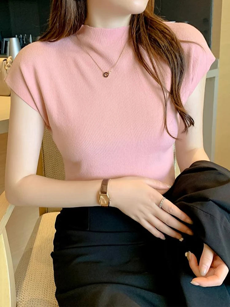 2026 Women Summer Knitted Turtleneck Sleeveless T-Shirts Tops Solid Slim Fit Pullovers Causal Tees Female Streetwear Basics Tees
