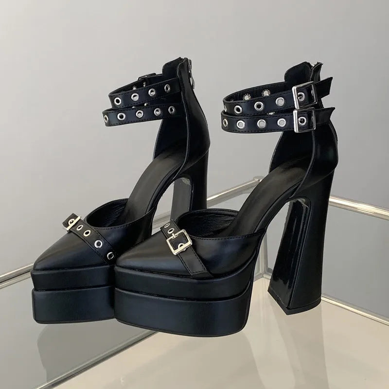 Runway style 15cm Ultra High heels Platform Wedges Women Pumps Fashion Rivet Ankle Strap Thick Heeled Spring Summer Chunky Shoes