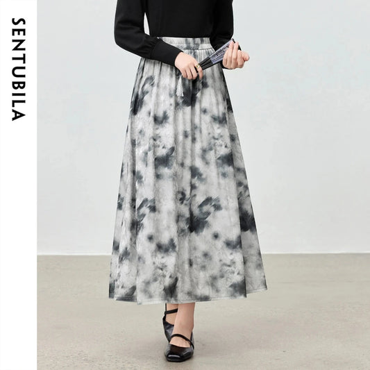 SENTUBILA Tie-Dye Print Velvet Midi Skirt for Women 2026 Spring Fall Elastic Waist Loose Elegant Skirt Woman Clothes Q53QG3502
