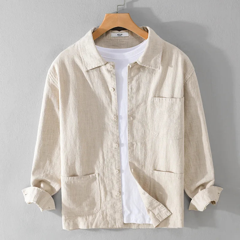 Autumn Retro Tooling Linen Jacket For Men Japanese Styles Sold Color Simple Versatile Multi-pocket Male Thin Jackets and Coats