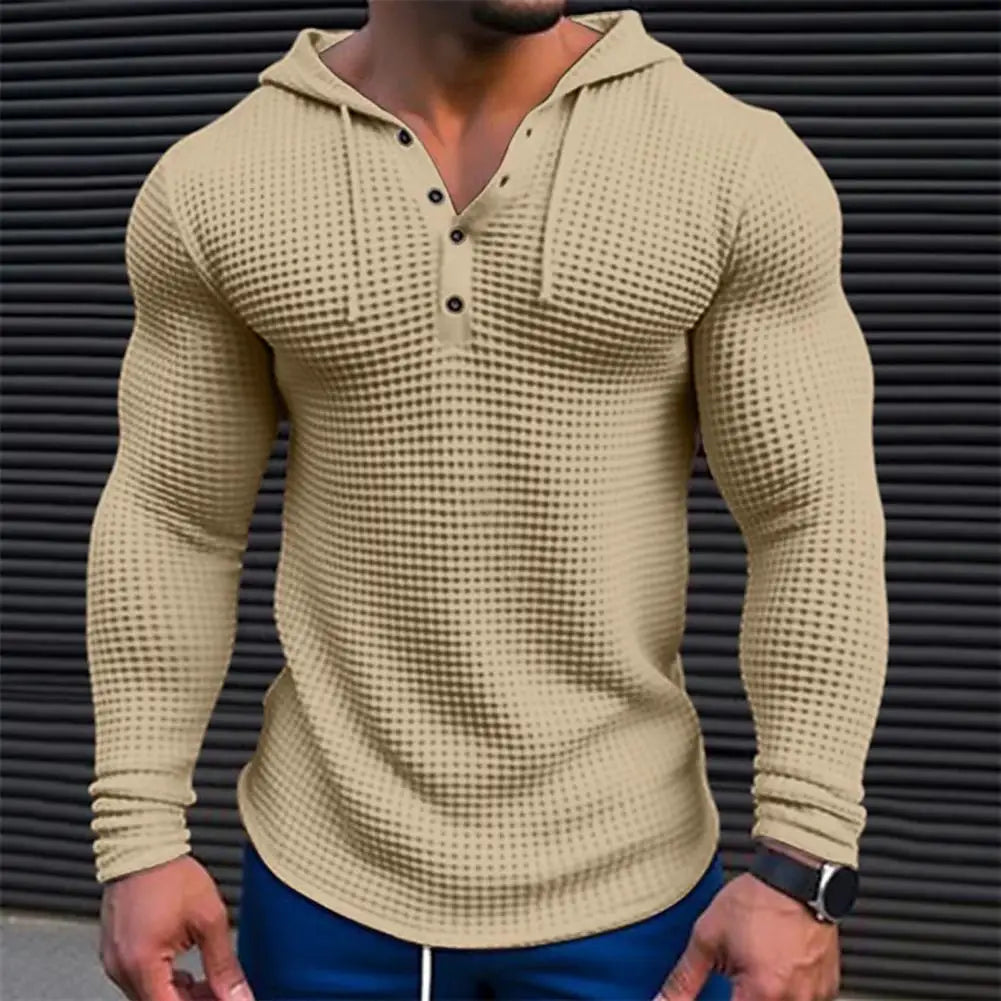 Spring Solid Color Slim Fit Long Sleeved T-shirt, Men's Hooded Breathable Sports Top, Waffle Cotton Casual Long Sleeved Shirt