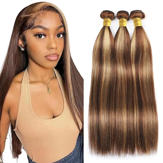 Highlight Human Hair Bundles 10A P4/27 Brazilian Raw Hair Weave Bundles Honey Blonde Straight Human Hair Bundles Hair Extensions
