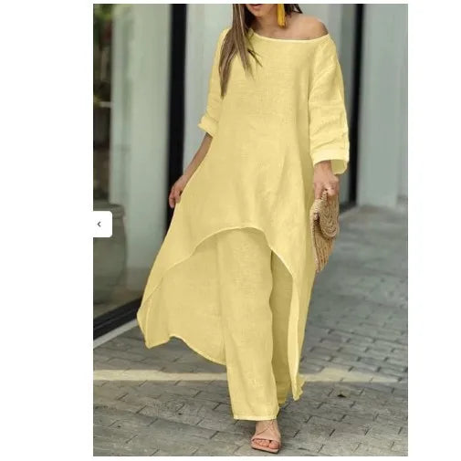 2 Piece Women Set African Clothes Women Outfits Cotton Linen Suit Long-Sleeved Top Pants Oversize Trousers Casual Party Set 2024