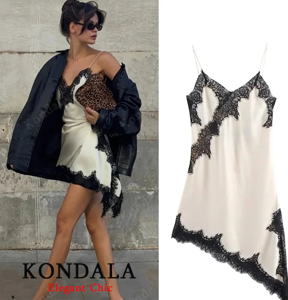 KONDALA Women Sexy High Street Lace Cami Short Dress Asymmetrical Dress 2025 Spring Autumn Fashion Party Dinner Date Mujer Dress