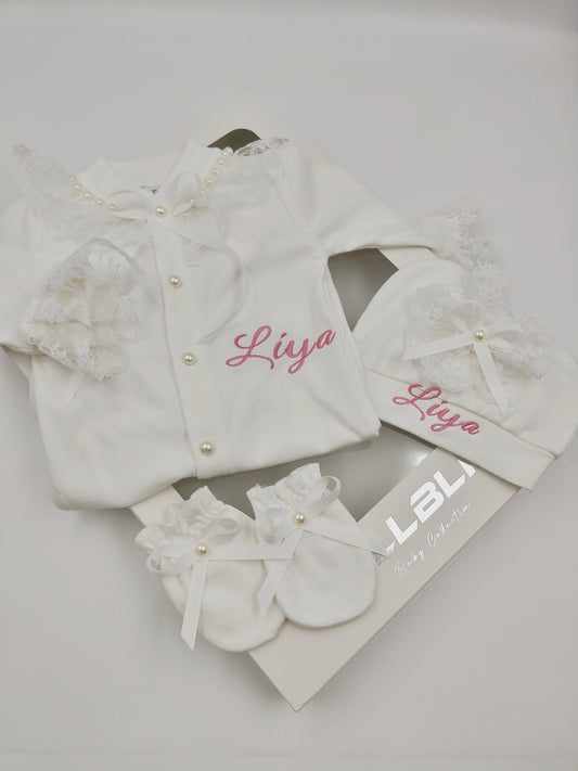 Newborn Baby Footed Romper Cotton Lace Pearl with Hat & Booties Personalized Name for Baby Shower Gift 2026
