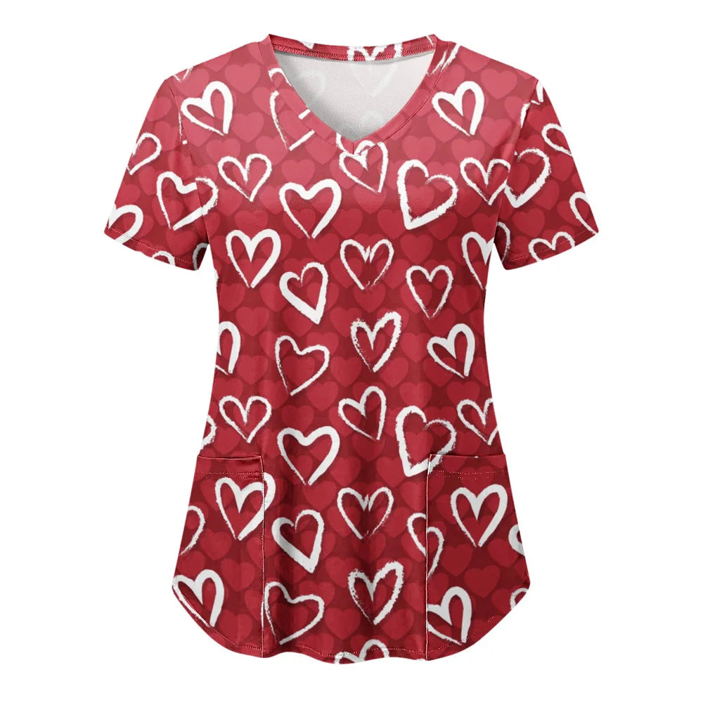 Tops Women Scrub Nurse Print Short Sleeve Cartoon V-Neck Tops Working T-Shirts Heart Print Healthcare Tunic Carers Workwear Tops