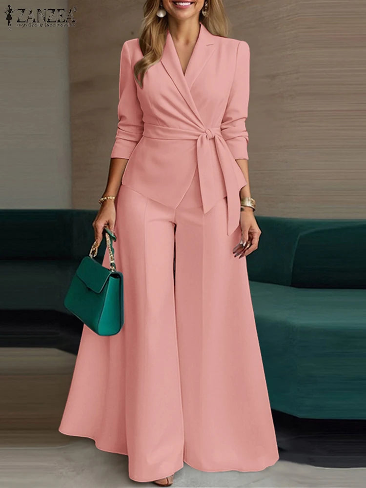 ZANZEA Elegant 2 Pieces Pant Sets Long Sleeve Belted Lightweight Blazer & Wide Leg Pant 2pcs Suits Office Lady Commuting Sets BAZAARHUBO