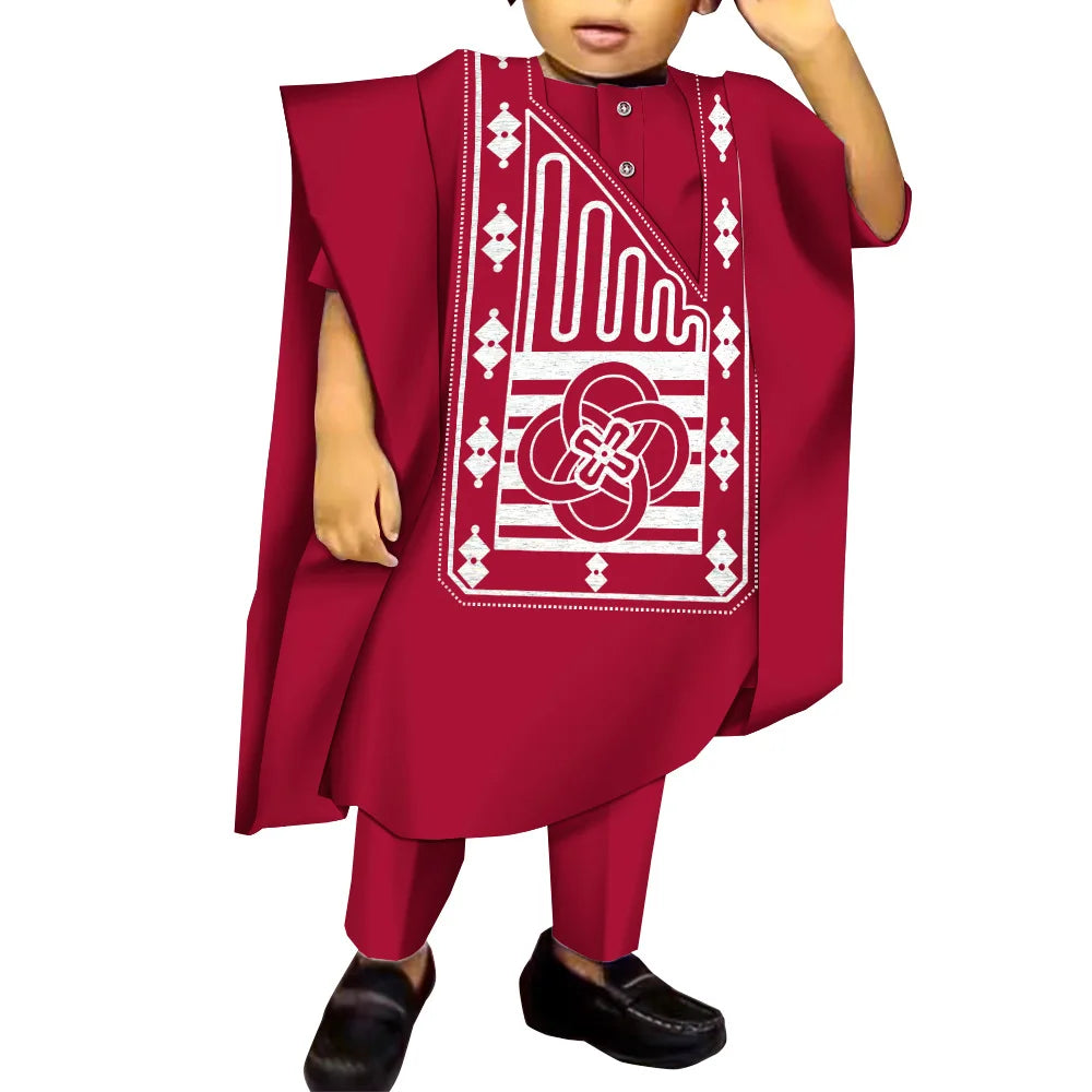 African Boy Embroidered Robe Set Children's Dress Gown Shirt and Trousers Three-piece Boys Traditional Clothing Party Wedding