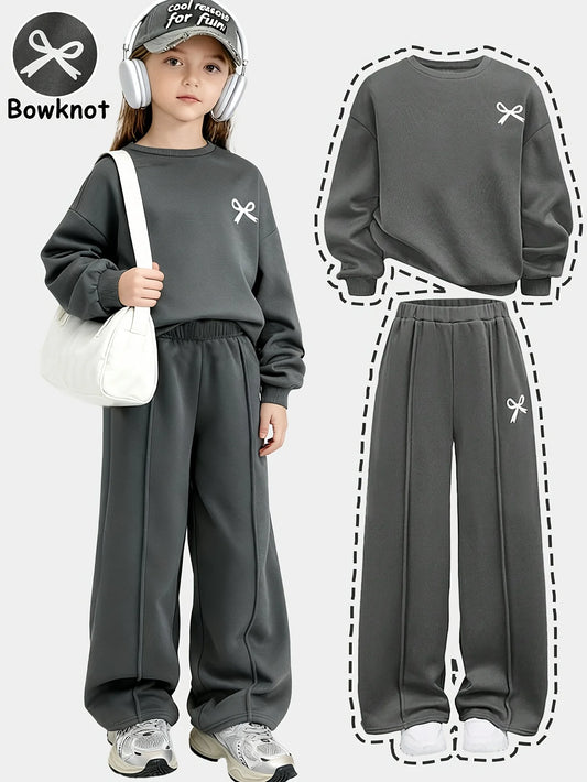 Girls' casual two-piece set: grey bow-accented sweatshirt and high-waisted long pants; a versatile, fresh-style outfit perfect f