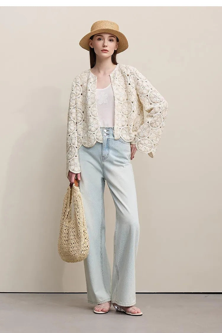 Amii Women Jackets 2026 Spring New Elegant Round Neck Hollow Crochet Jacket Women's Loose Short Cotton Long Sleeve Tops 12621069