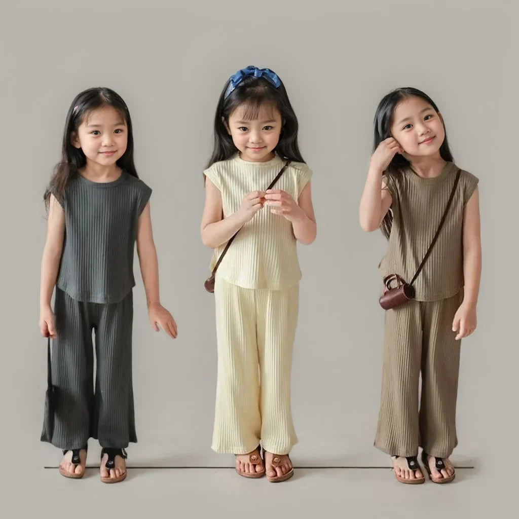 1pcs Summer Children's Clothing Sets Girls Kids Toddler Clothes Solid Color T-shirt Tank Top +Length Pants  Baby Girl Clothes