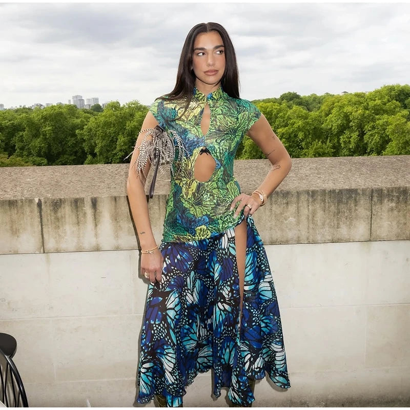 Jungle Butterfly Print Midi Dress Mandarin Collar Cutout Waist High Slit Dress 2026 Summer Festival Night Out Wear Women Vestido