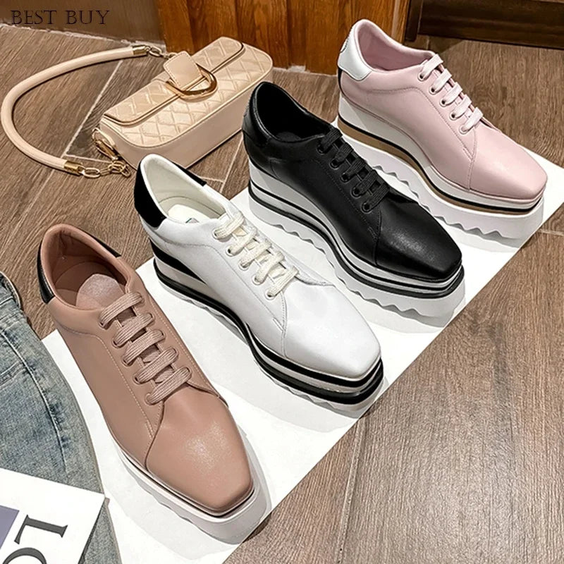New beige Women Platform Casual Shoes 2024 Spring Black Casual Chunky Sneakers Women Real Leather White Height Increasing Shoes