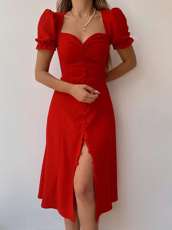 2024 Summer Fashion Summer Skirt Holiday Style Sexy Women's Dress V-neck Single Breasted Shrugged Mid Length Dress