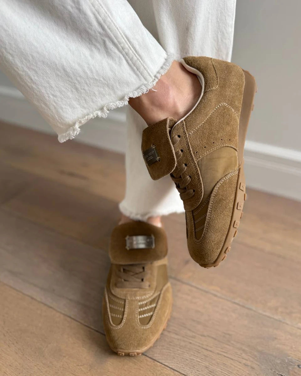 BEAUTODAY Fashion Trainers Women Cow Suede Sneakers Metal Buckle Leather Flats Lace Up Female Casual Shoes Handmade 29897