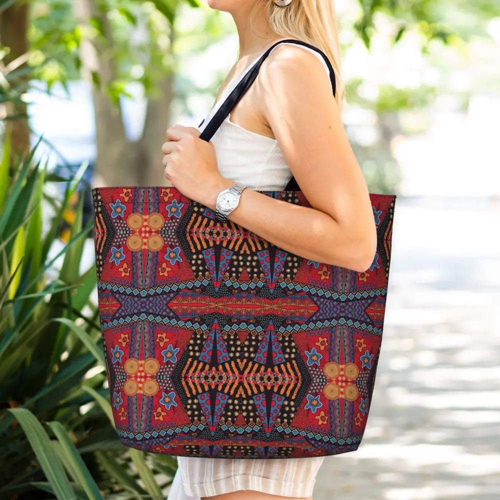 African Ankara Prints Grocery Shopping Tote Bags Women Geometric Ethnic Art Canvas Shoulder Shopper Bags Big Capacity Handbag