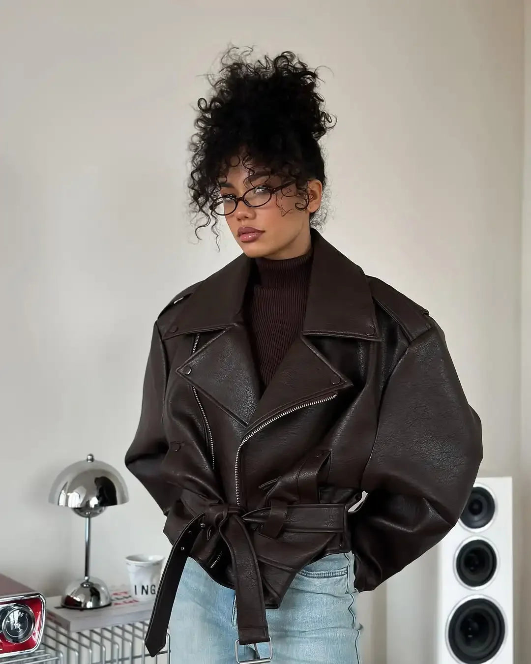 Casual Dark Red  Zipper Leather Short Jackets Women Long Sleeve Lace Up Lapel Loose Button Coat Lady Daily High Street Wear 2026