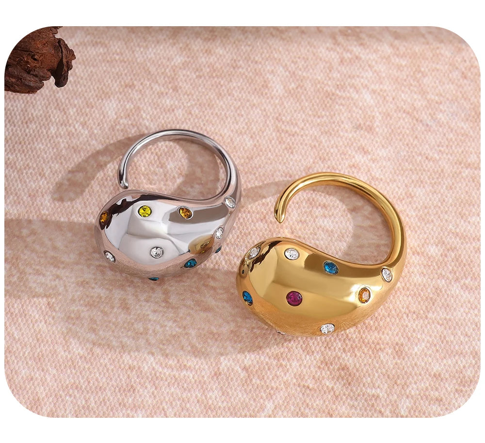 YACHAN 18K Gold Plated Glossy Chunky Stainless Steel Rings for Women Chic Colorful Crystal Statement Jewelry
