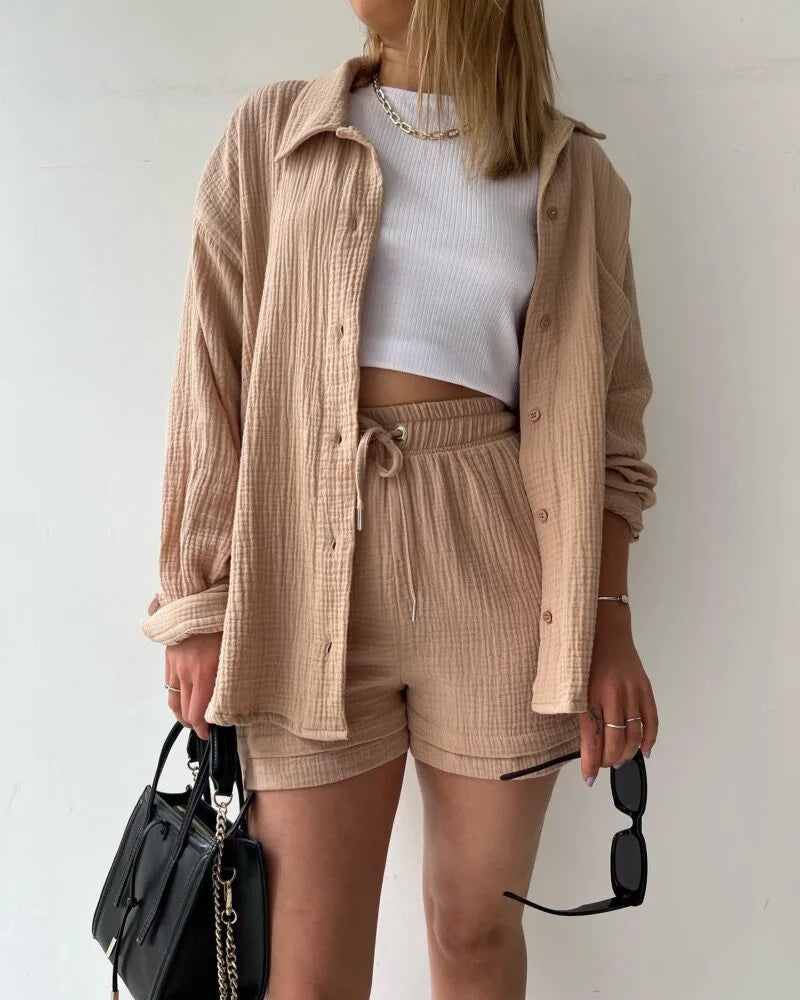 Casual Sleepwear 100% Cotton Pajamas For Women Sets Suit Turn-Down Collar Nine Quarter Sleeve Sleep Tops Shorts Female Homewear