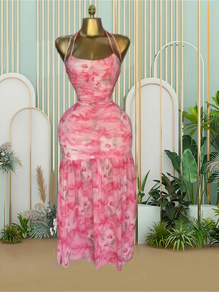 African Women Halter Neck Print Sleeveless Backless Maxi Long Dress 2025 Summer Evening Birthday Vacation Beach Holiday Dresses