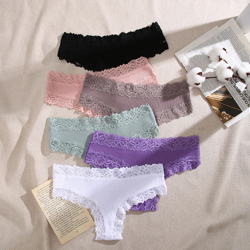 Lace Seamless Brazilian Panties Ribbed Cotton Low Waist Women's Panties Breathable Girls Underwear Plus Size Lingerie S-XL