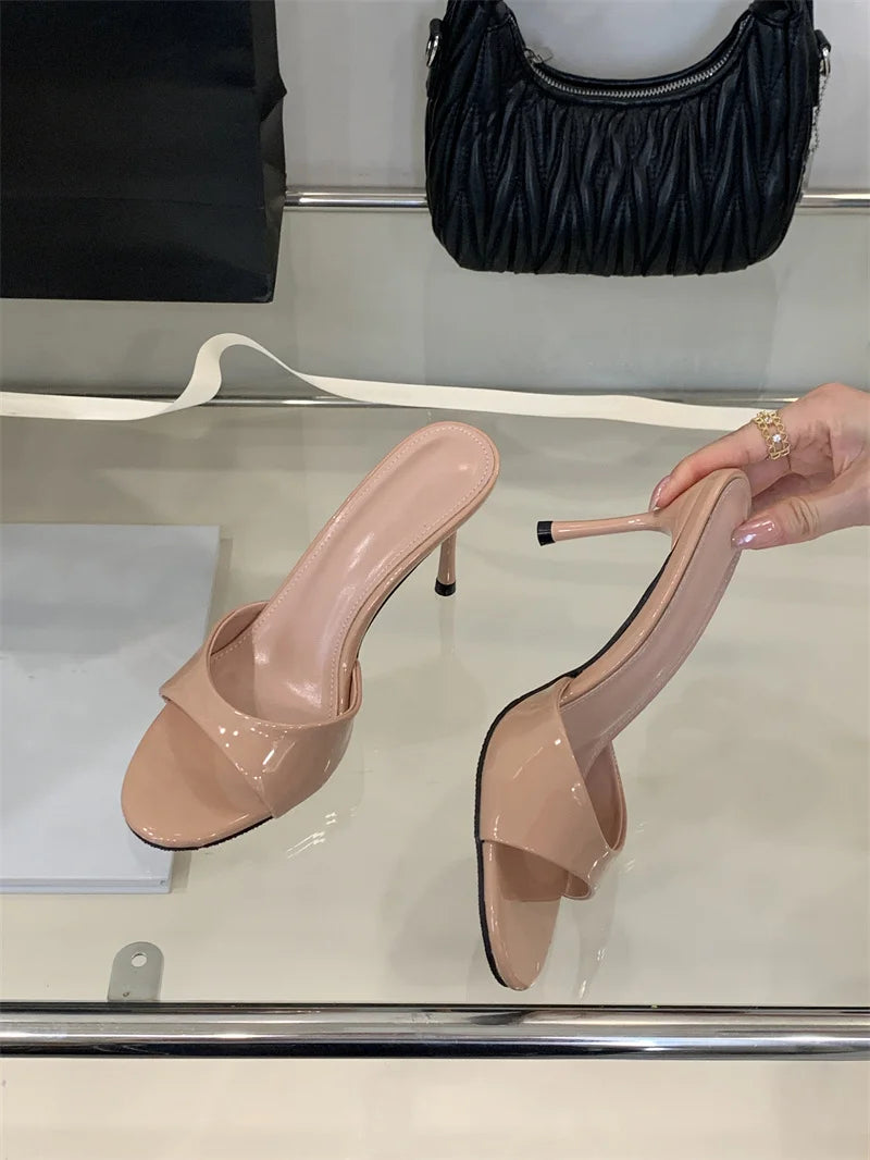 Liyke White Patent Leather Women Slippers Sandals Fashion Round Open Toe Thin High Heels Mules Slides Summer Party Dress Shoes