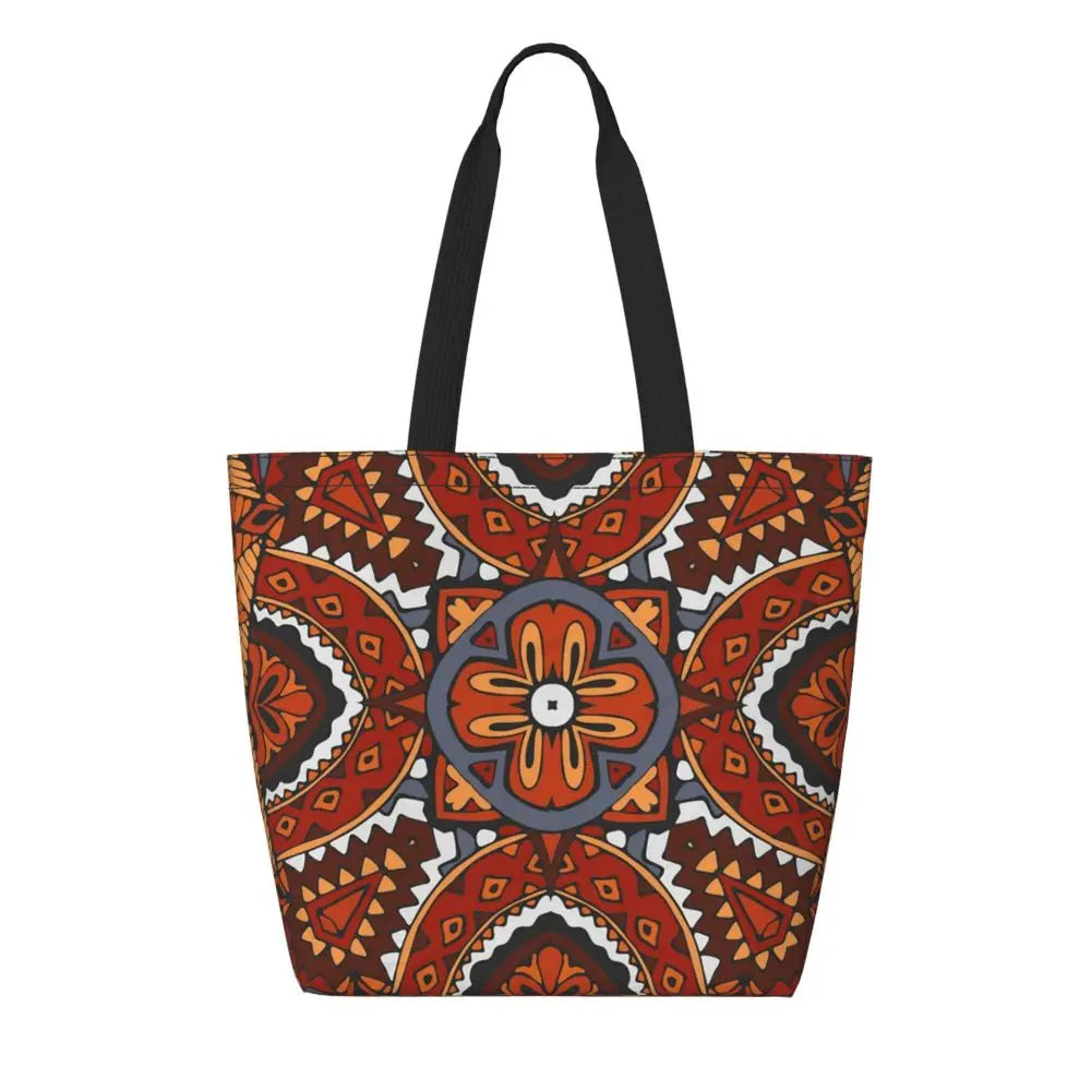 African Ankara Prints Grocery Shopping Tote Bags Women Geometric Ethnic Art Canvas Shoulder Shopper Bags Big Capacity Handbag