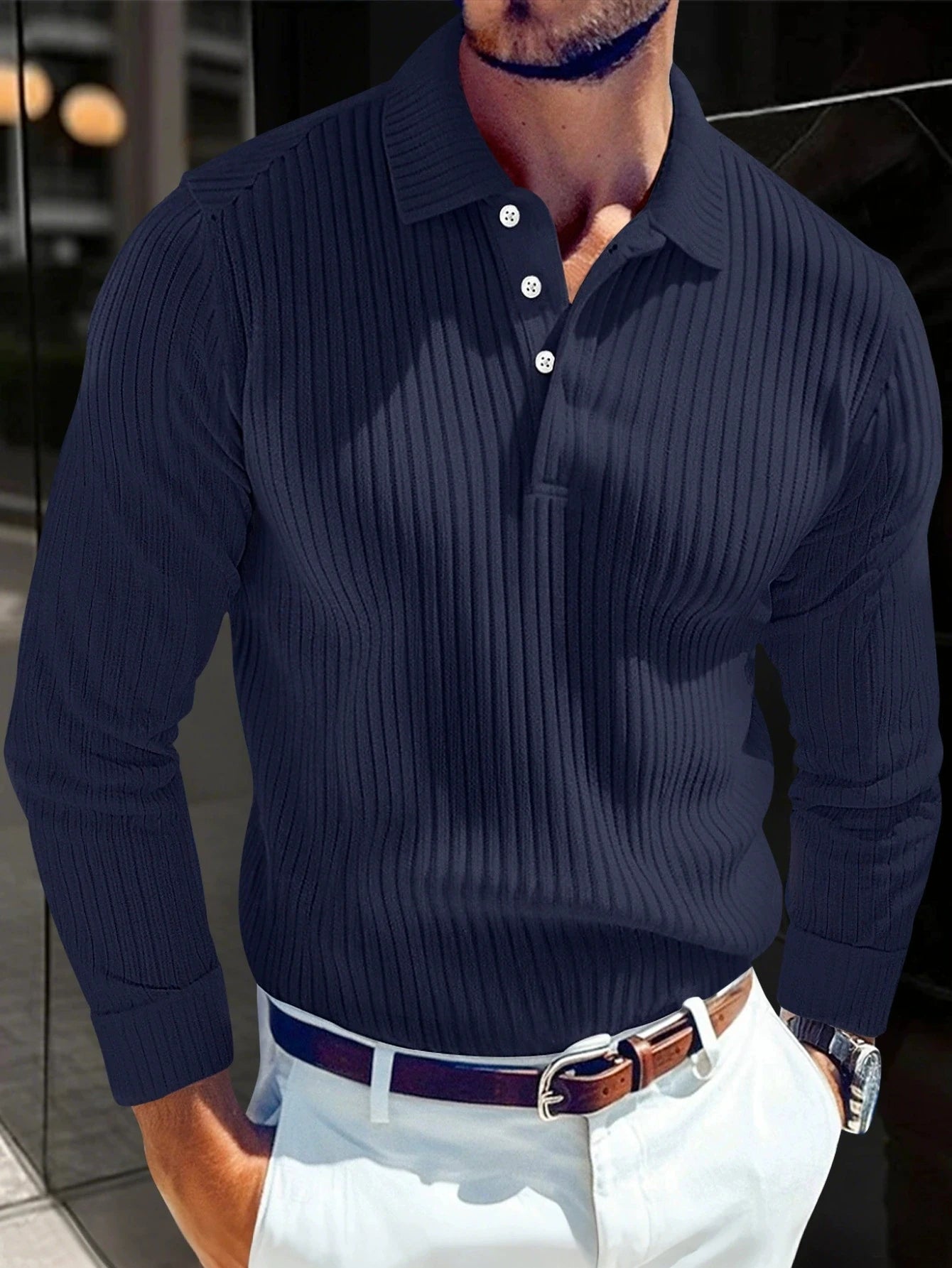 2025 Spring and Autumn New Men Solid Color Striped Button Knitted Collar Long Sleeve Top Business Casual Breathable Polo Shirt