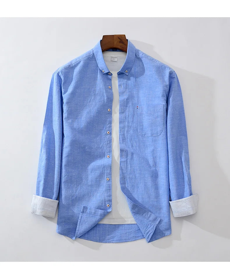 Shirt New Men's Fashion Solid Color Cotton Linen Everything Trend British Style Casual Business Formal Long-sleeved Shirt
