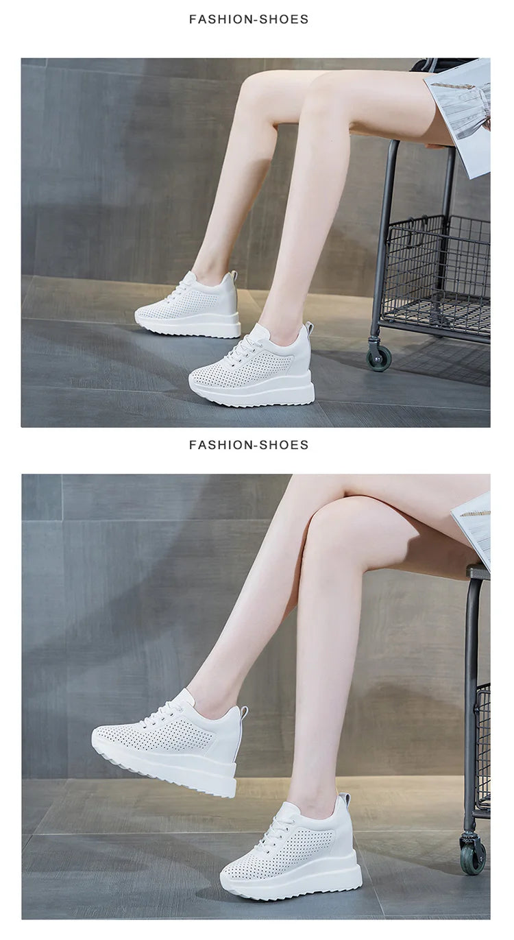 10cm Genuine Leather Women Vulcanize Women Summer Hidden High Heels Platform Wedge Spring Autumn Chunky Sneakers Shoes