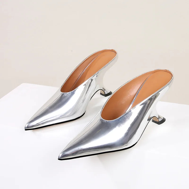 Pointed Toe Women Slippers Shoes Designer Shallow Wedges 9cm High Heels Banquet Mule Zapatos De Mujer