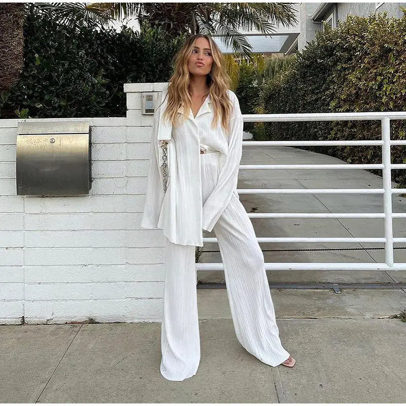 New Two Piece Set Women Outfits Pleated Women's Elegant  Drape Loose Sets Shirt High Waist Trousers Female Suit Fashion Casual