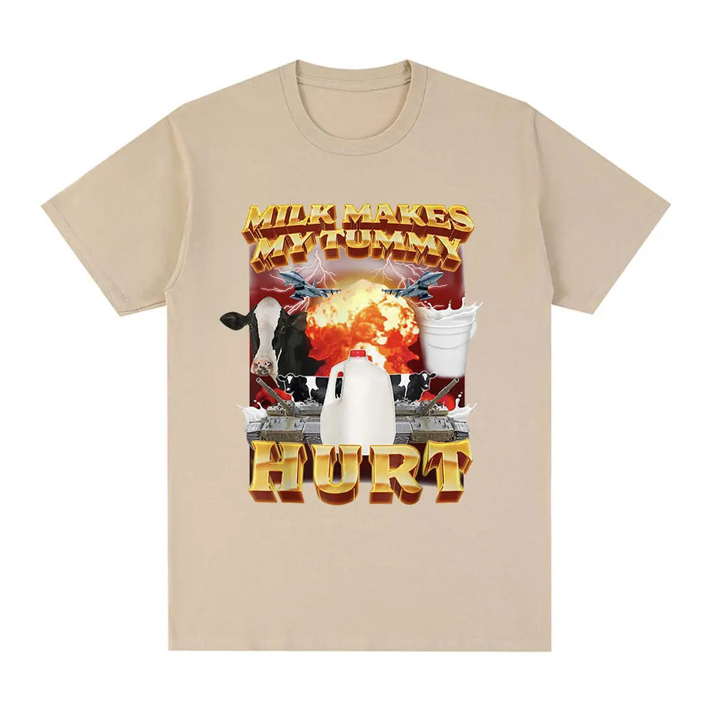 Milk Makes My Tummy Hurt T-shirt Lactose Tolerant Funny Meme Graphic T Shirt Men Fashion Vintage Hip Hop Short Sleeve T-shirts