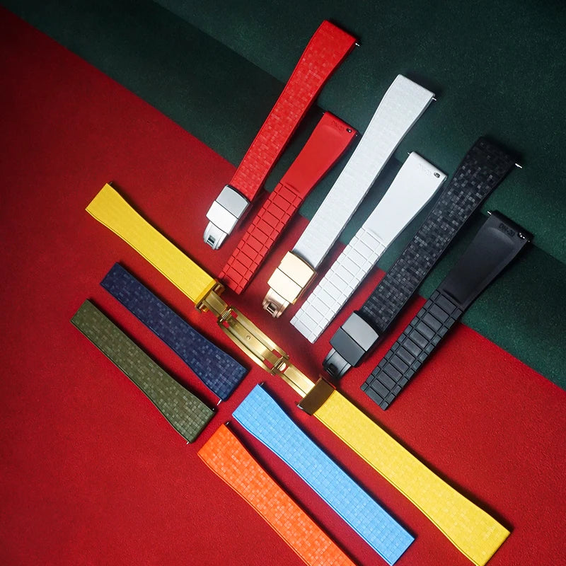 Cut to Size Fluoro Rubber Watch Strap 18/19/20/21/22mm Mosaic FKM Deployment Buckle Universal Flat End Replace Band Bracelet