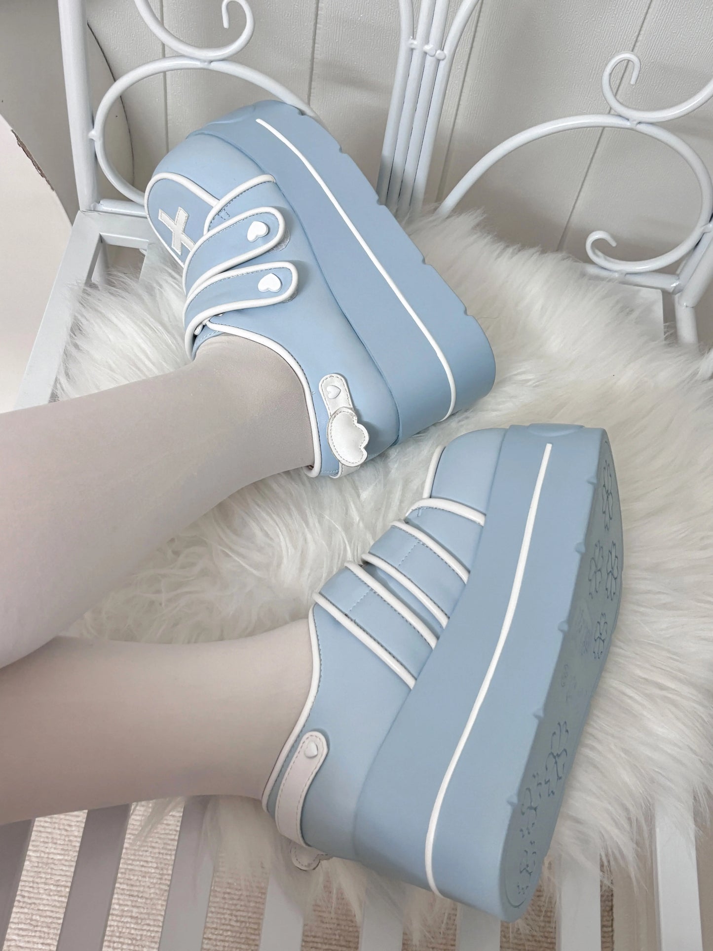 Original Japanese Cute Cross Print Thick-soled Muffin Shoes Subculture Sweet Cool Girl Round Head Pu Leather High Heels Women