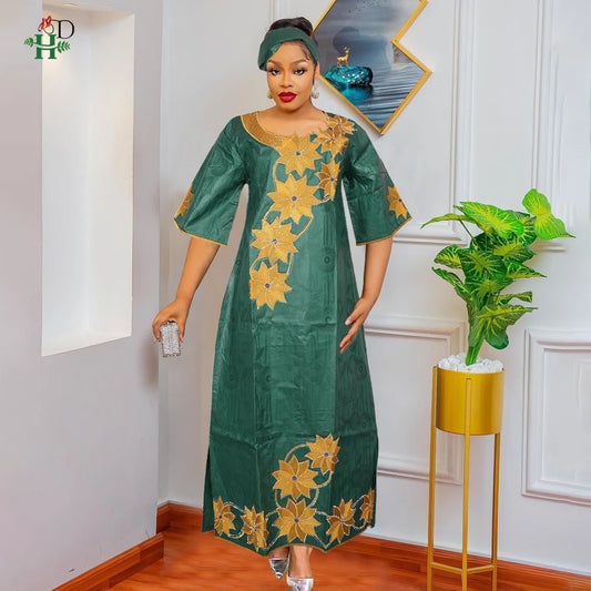 H&D New Style African Clothes For Women Traditional Embroidery Dresses Blue Bazin Women High Quality Party Wedding Occasion