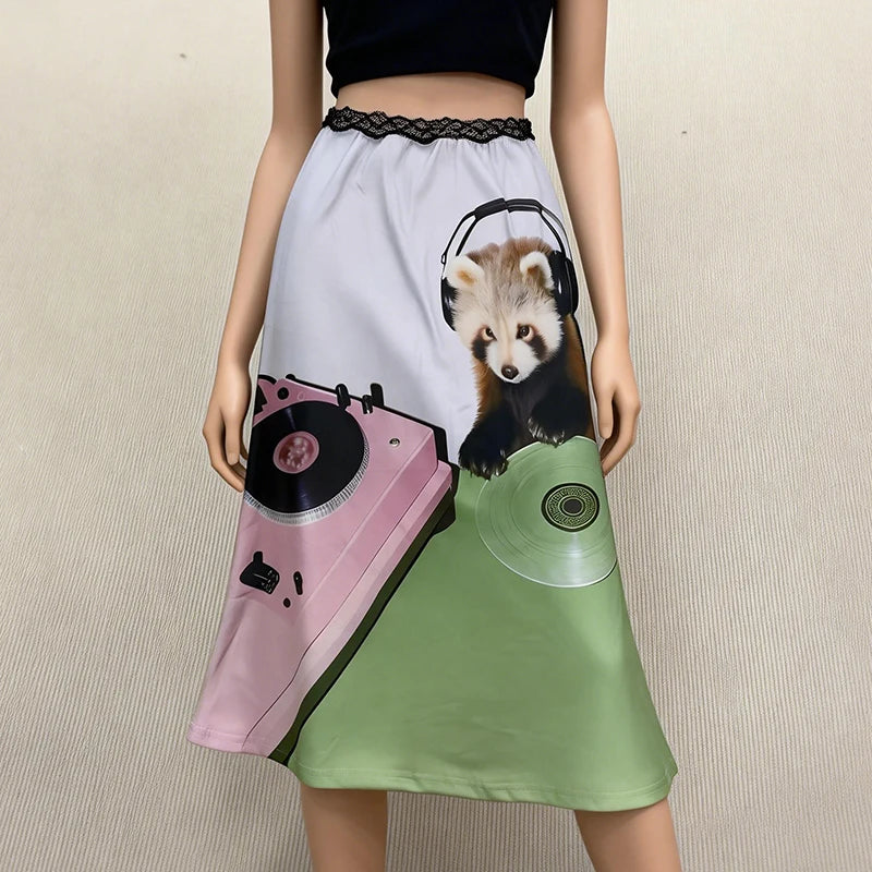 Sexy High Street Girl Personality Summer Aesthetic Lace patchwork Panda DJing Fun Printed Casual Mid Length Skirt Women Clothing