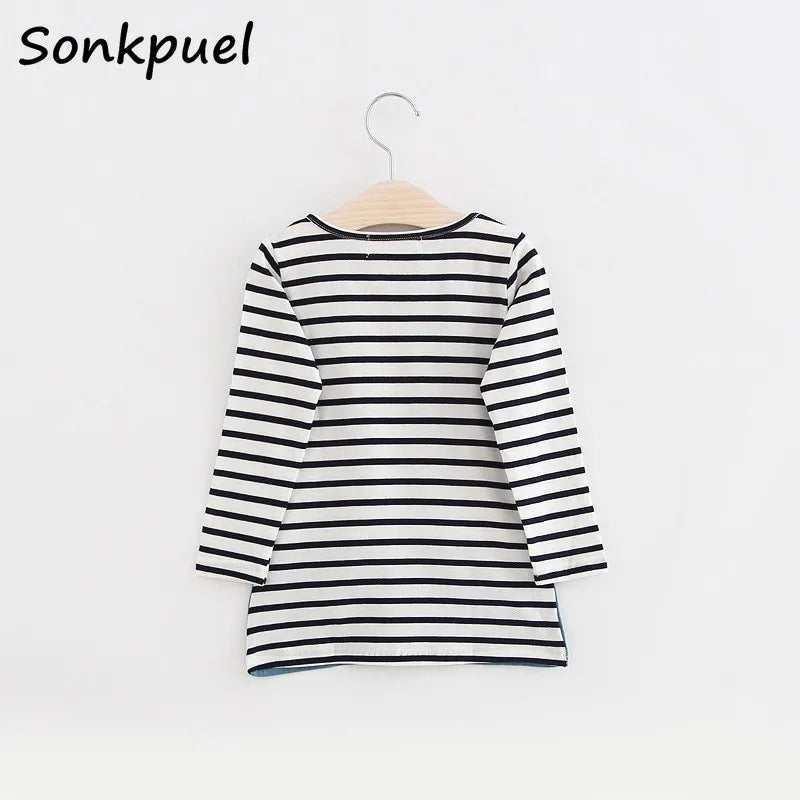 Spring Autumn Cotton Dress for 2-7 Years Girls 2025 Long Sleeve Stripe Children Princess Dresses Girl Cute Denim Long Clothing