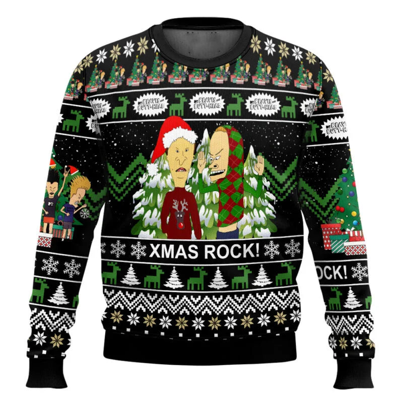 Xmas Rock Beavis and Butthead Ugly Christmas Sweater Cartoon Anime Women Men Pullover Tops New Fashion Couple Hoodie Sweatshirt BAZAARHUBO