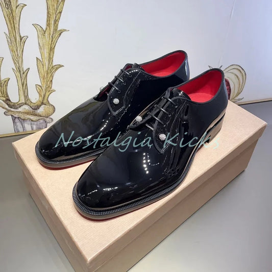 Black Shine Studded Detail Dress Shoes Patent Leather Red Lining Lace Up Men's Formal Shoes Casual Office Wear Oxford Shoes