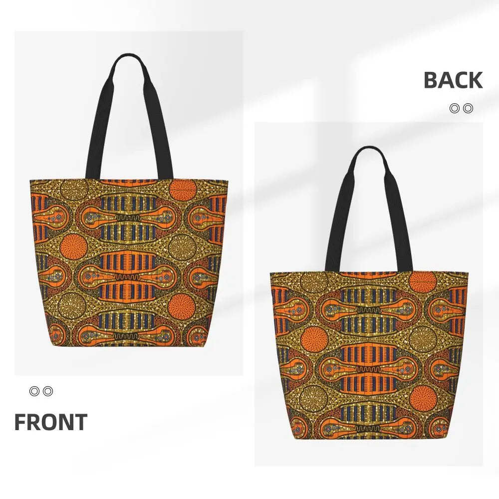 African Ankara Prints Grocery Shopping Tote Bags Women Geometric Ethnic Art Canvas Shoulder Shopper Bags Big Capacity Handbag