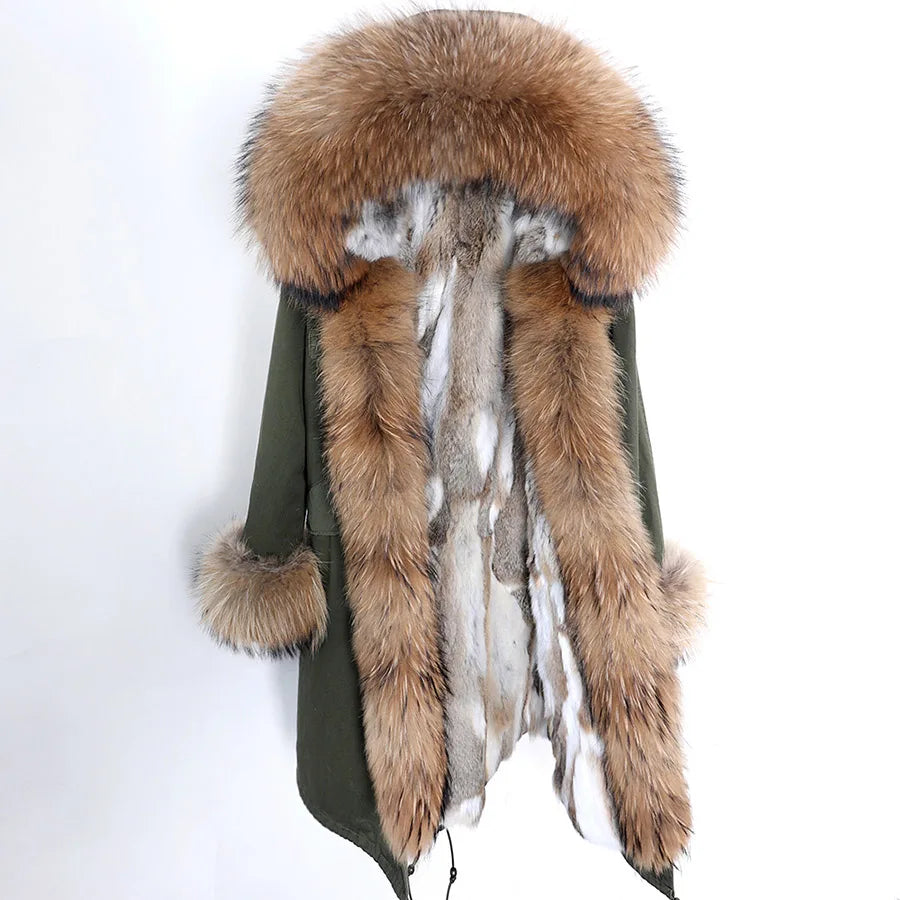 Maomaokong Winter Woman Natural Fur Overcoat Plus Size Black Parkas Raccoon Real Fur Lining Extra Larg Warm Jacket Coats Long