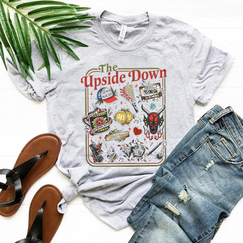 The Upside Down T-shirt Funny Women Men Hawkins Clipart Graphic Tee Stranger ST5 Inspired Demogorgon Shirts Trendy Gothic Tops